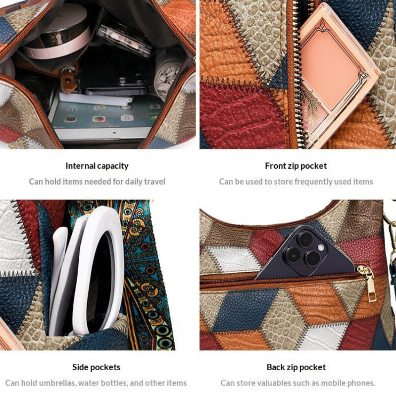 Four-panel product feature collage showing a multicolor patchwork handbag: open interior capacity with daily items inside, a front zip pocket holding a compact mirror, side pockets with white cylindrical items, and a back zip pocket with a smartphone.