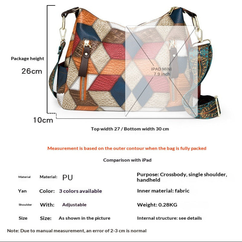 A product information graphic showing a patchwork crossbody handbag with overlaid dimensions labeled 26 cm height, 10 cm bottom width, and top width 27 cm / bottom width 30 cm. Text below lists material, purpose, color options, inner material, shoulder, weight, and size details.