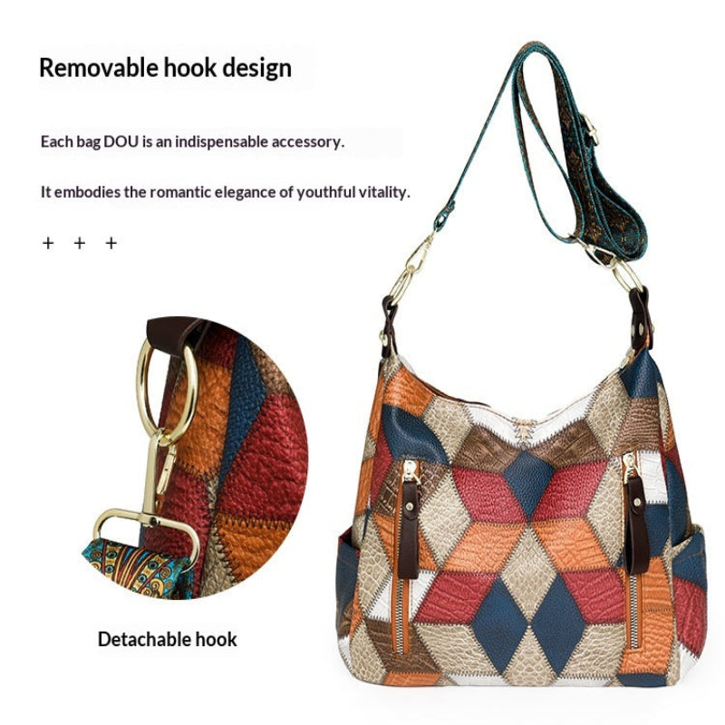 A multicolor patchwork shoulder bag with a geometric diamond pattern in red, blue, beige, and brown, featuring a detachable hook design and a matching detachable shoulder strap, shown with descriptive text and a detail inset on a white background.