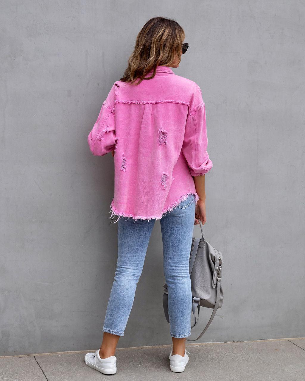 Fashion Denim Ripped Shirt Jacket Women - Glooosy Store