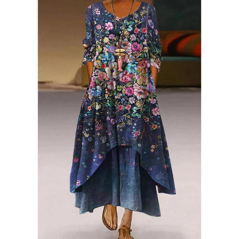 Elegant Double Layer Flowers Print Summer Long Dress - Glooosy Store