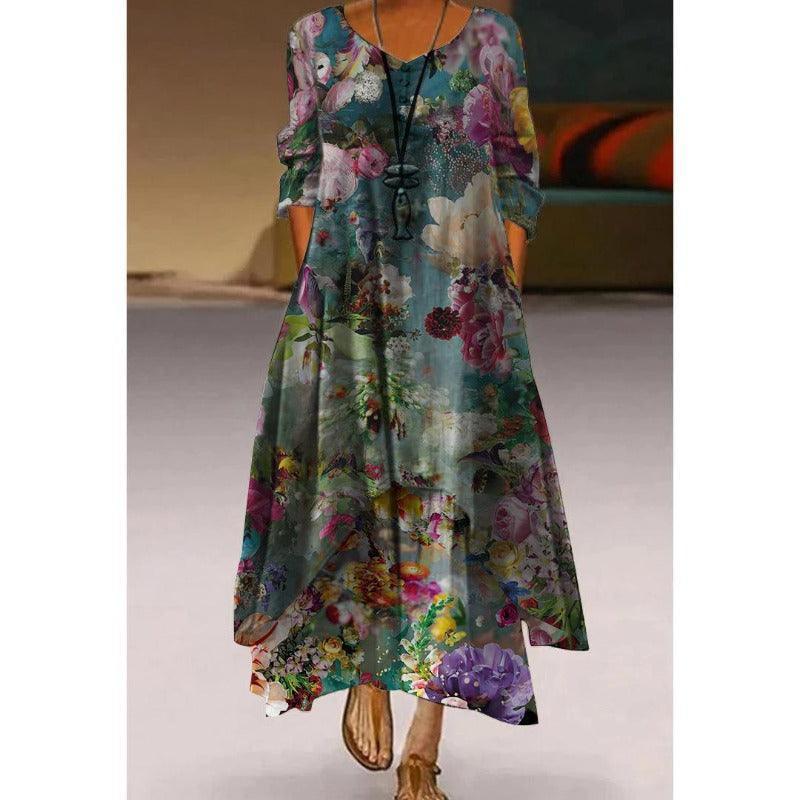 Elegant Double Layer Flowers Print Summer Long Dress - Glooosy Store