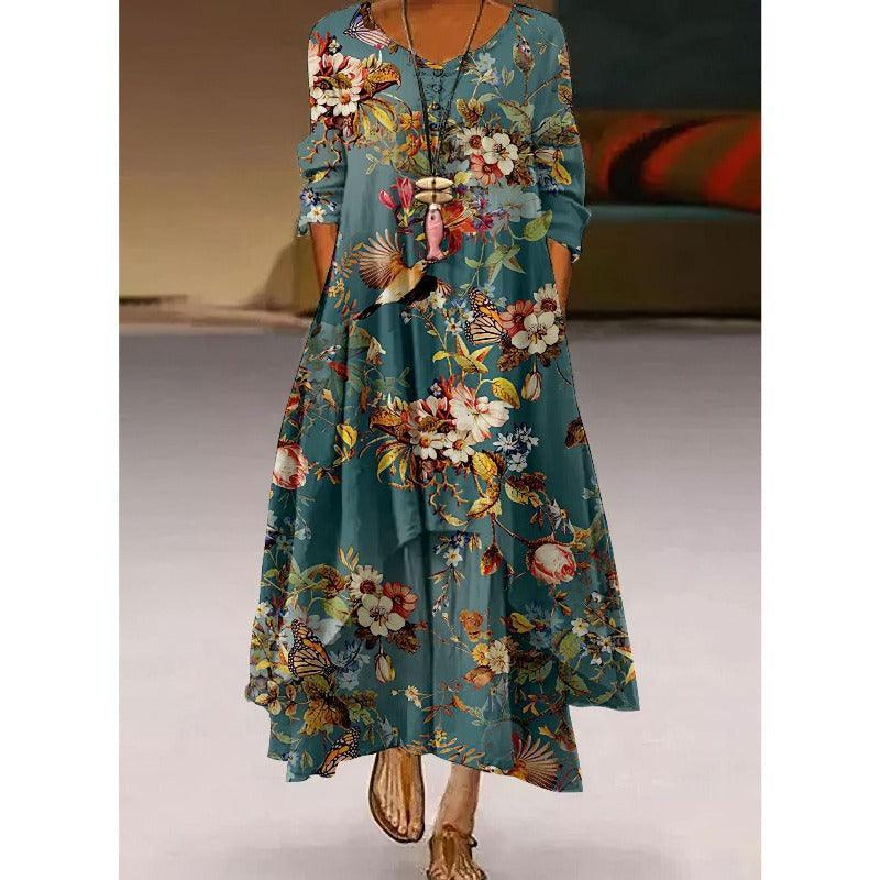 Elegant Double Layer Flowers Print Summer Long Dress - Glooosy Store