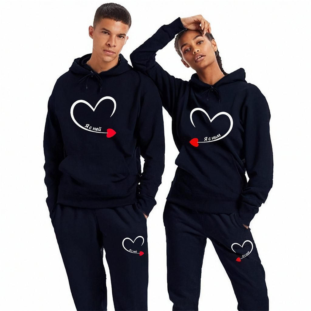 Couple Heart Printed Matching Hoodies – Men's & Women's Romantic Hoodie Set