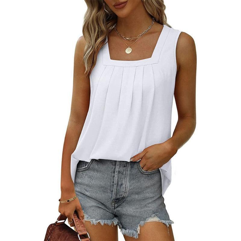 Summer Women Loose Fit Pleated Square Neck Sleeveless Tops Vest T-Shirt - Glooosy Store