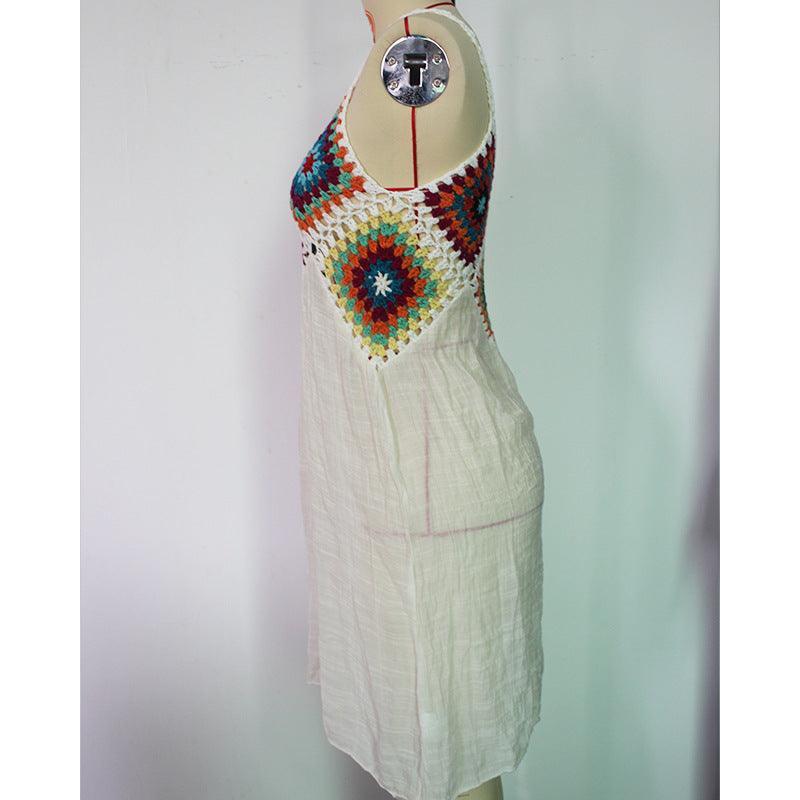 Summer Sleeveless Dress Bohemia Stitching Colourful Pattern V-neck Hollow Beach Dress - Glooosy Store