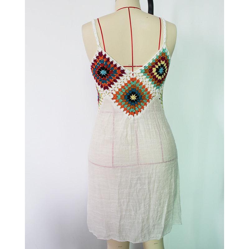 Summer Sleeveless Dress Bohemia Stitching Colourful Pattern V-neck Hollow Beach Dress - Glooosy Store