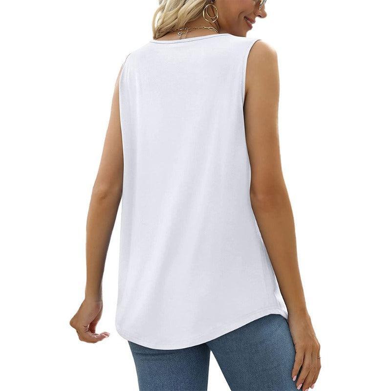 Summer Women Loose Fit Pleated Square Neck Sleeveless Tops Vest T-Shirt - Glooosy Store