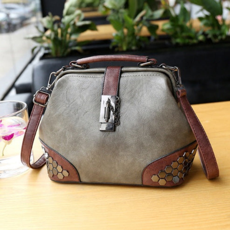 Grey handbag with brown accents