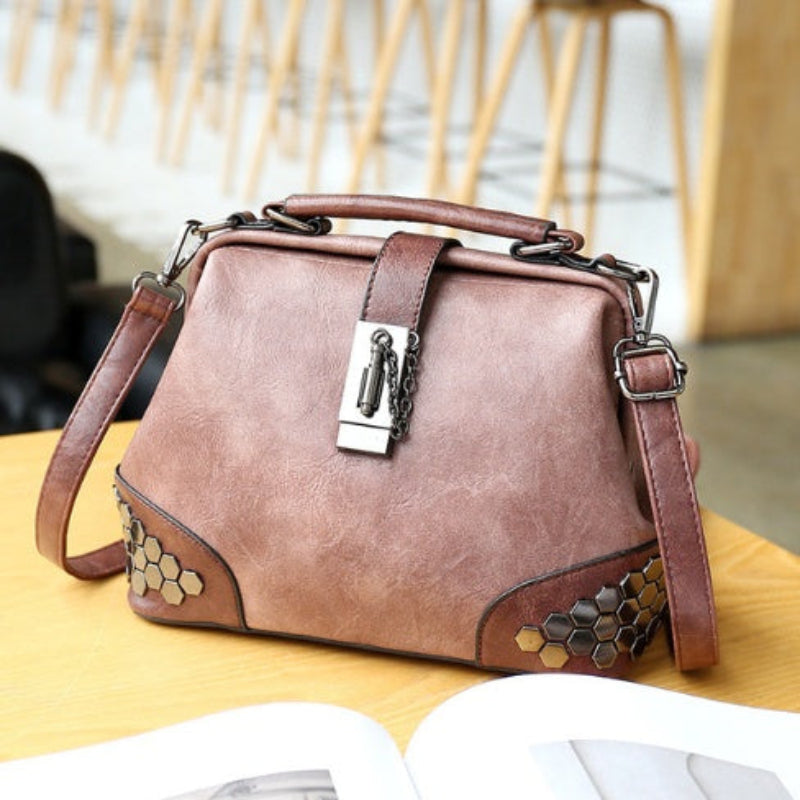 Brown handbag with hexagonal pattern
