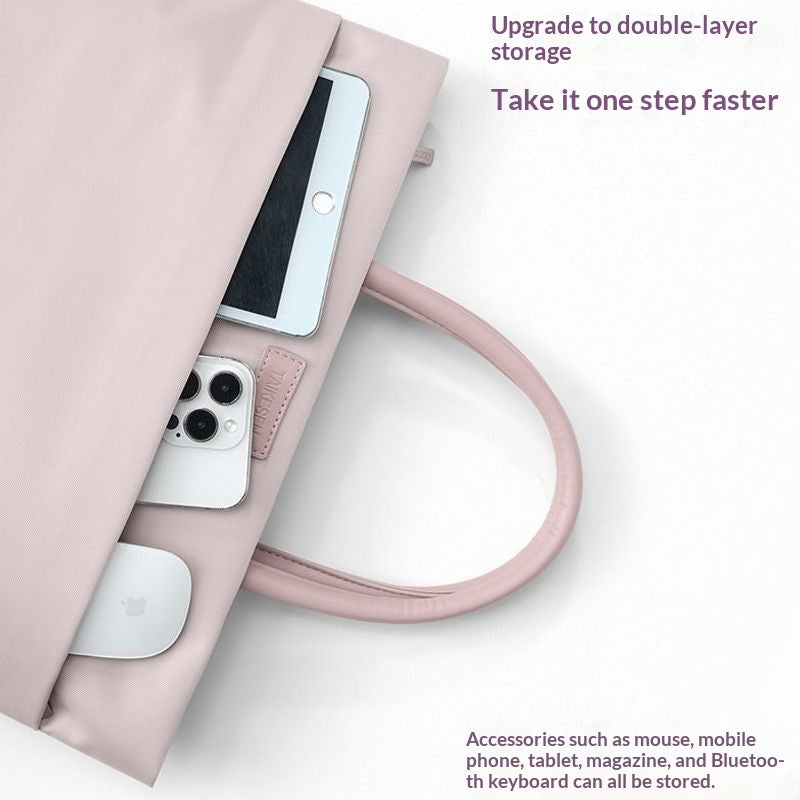 A light pink nylon laptop bag shown open on a white background, with a tablet, mouse, and smartphone partially stored inside. Purple text on the image highlights double-layer storage and accessory compatibility.