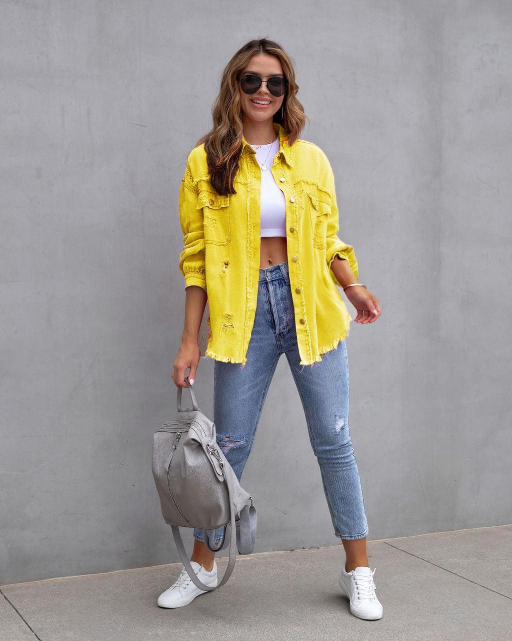 Fashion Denim Ripped Shirt Jacket Women - Glooosy Store