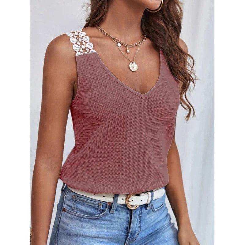 Waffle V-Neck Sleeveless Lace Vest T-Shirt - Glooosy Store