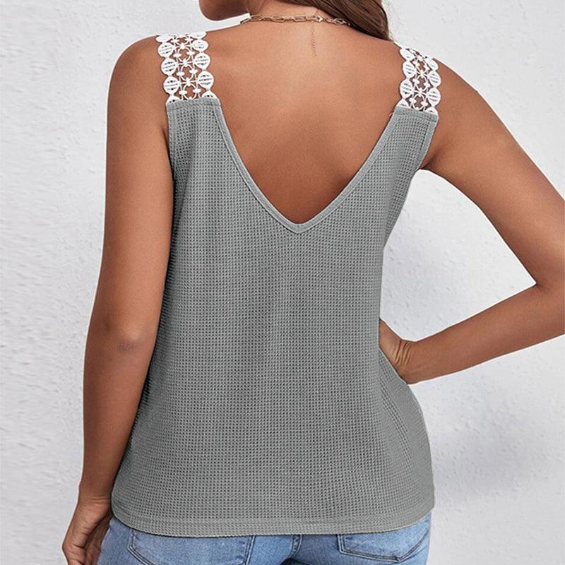 Waffle V-Neck Sleeveless Lace Vest T-Shirt - Glooosy Store