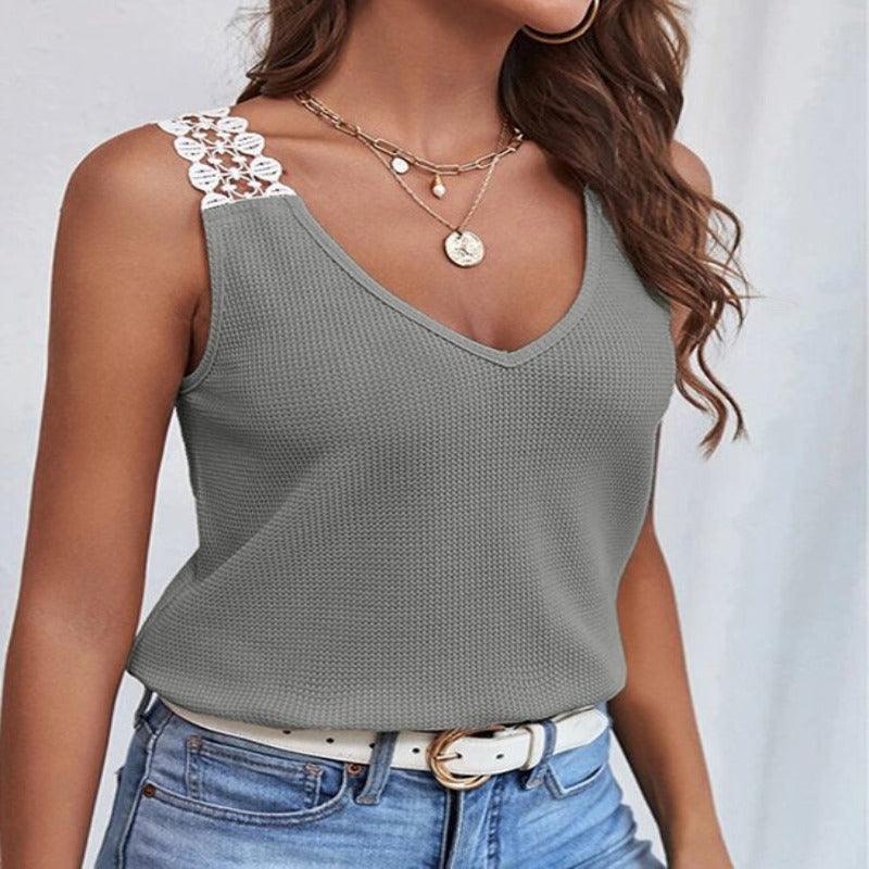 Waffle V-Neck Sleeveless Lace Vest T-Shirt - Glooosy Store