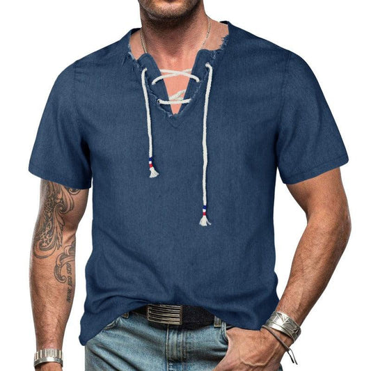 Unique Short Sleeve Men Denim Lace T-Shirt - Glooosy Store
