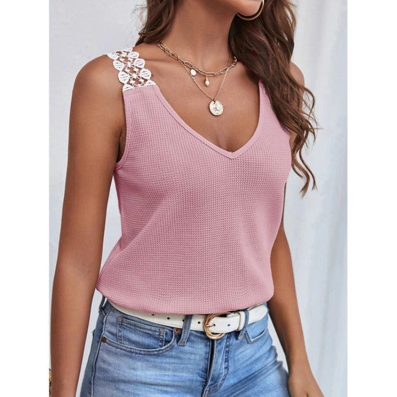 Waffle V-Neck Sleeveless Lace Vest T-Shirt - Glooosy Store