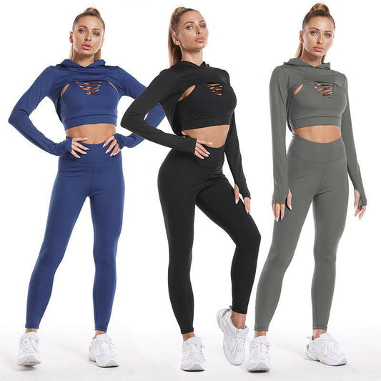 3pcs Long Sleeve Hooded Top Hollow Design Camisole And Lifting High Waist Fitness Leggings - Glooosy Store