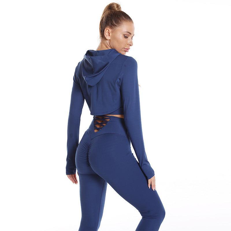 3pcs Long Sleeve Hooded Top Hollow Design Camisole And Lifting High Waist Fitness Leggings - Glooosy Store