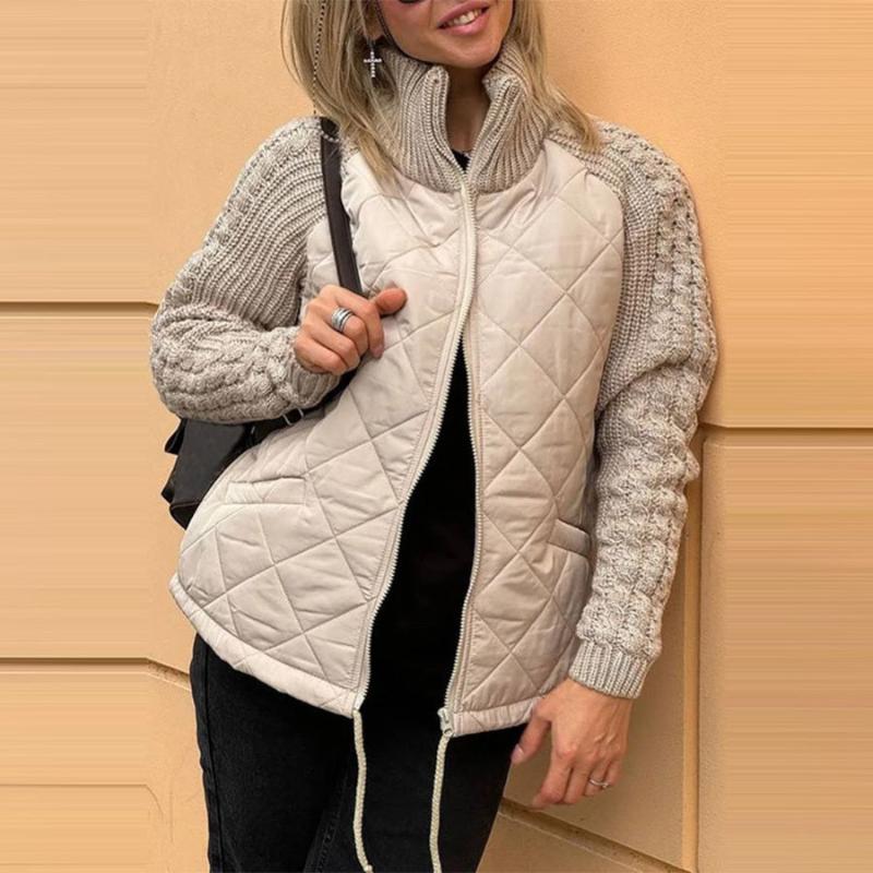 Women Stand Collar Fashion Knitted Stitching Jacket