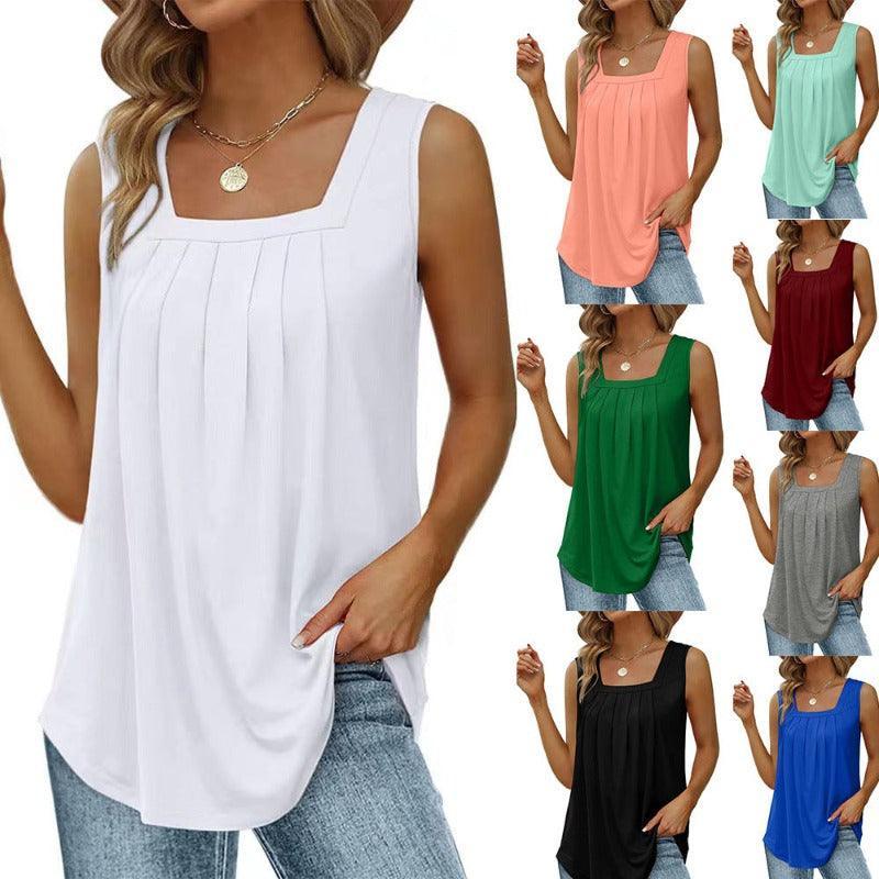 Summer Women Loose Fit Pleated Square Neck Sleeveless Tops Vest T-Shirt - Glooosy Store