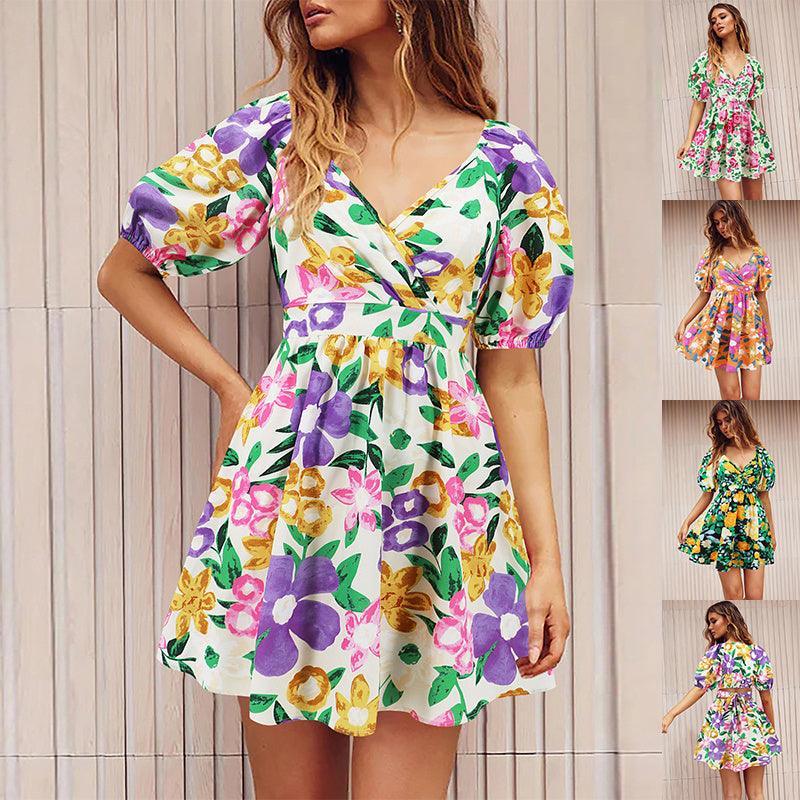 Flowers Print Summer Beach Short Dress - Glooosy Store