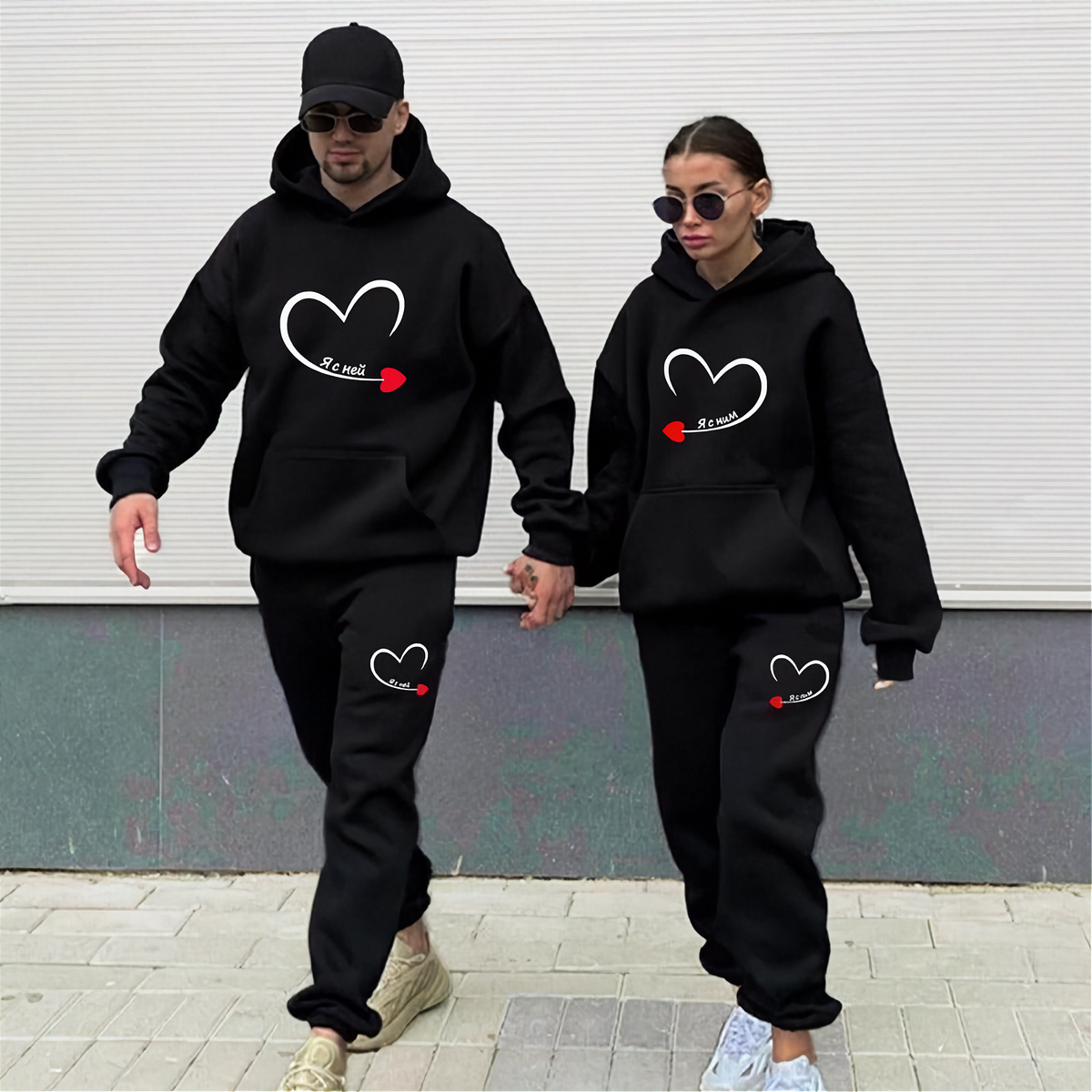 Couple Heart Printed Matching Hoodies – Men's & Women's Romantic Hoodie Set