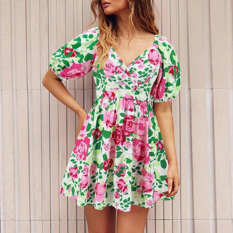 Flowers Print Summer Beach Short Dress - Glooosy Store