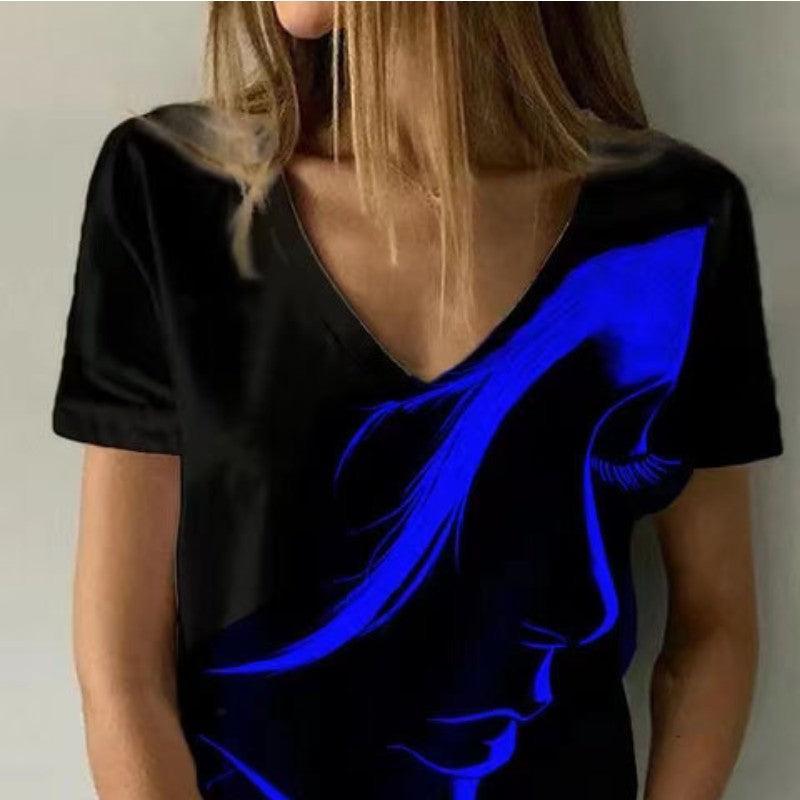 Unique Women Face Printed V-Neck T-Shirt - Glooosy Store