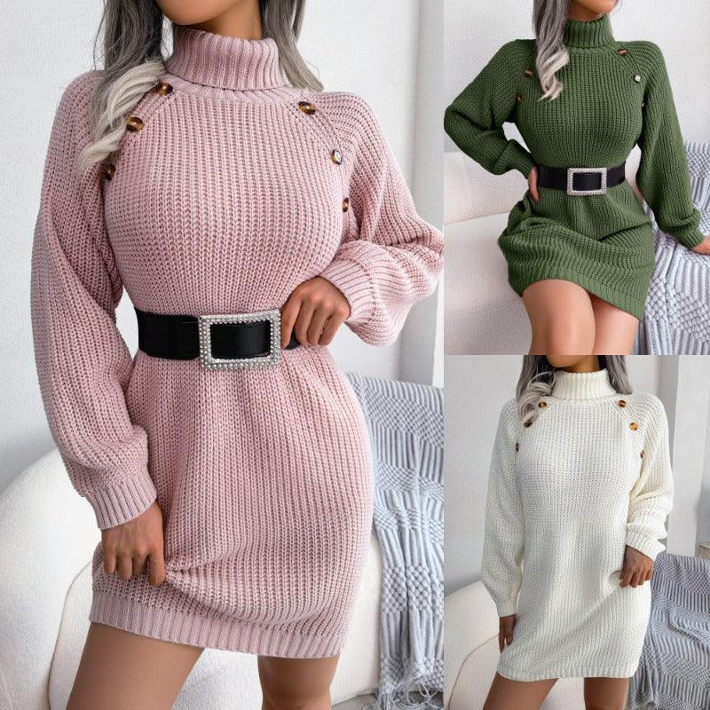 Winter Turtleneck Long Sweater Dress Button Design - Glooosy Store