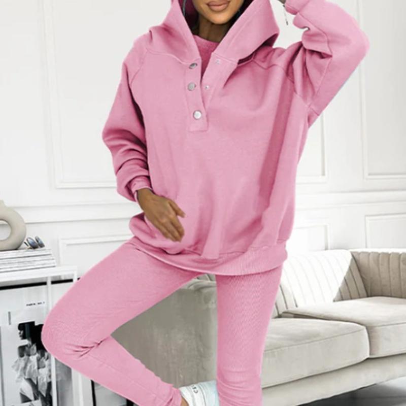 Women's Sports Suit Loose Hooded Pockets Sweatshirt, Top And Slim Trousers