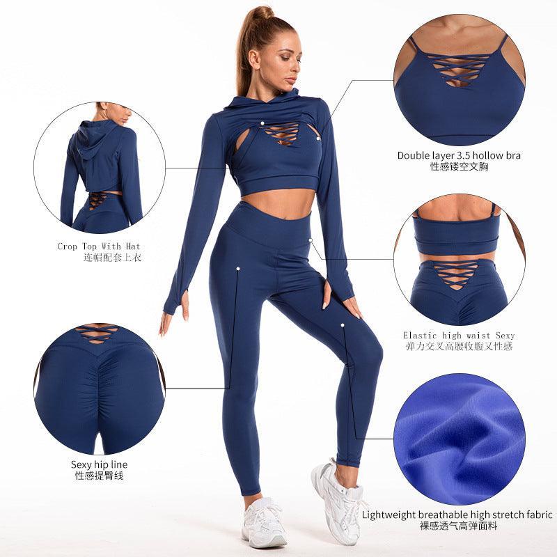 3pcs Long Sleeve Hooded Top Hollow Design Camisole And Lifting High Waist Fitness Leggings - Glooosy Store