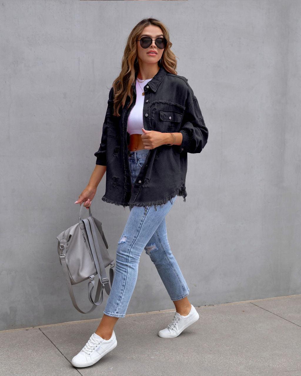 Fashion Denim Ripped Shirt Jacket Women - Glooosy Store