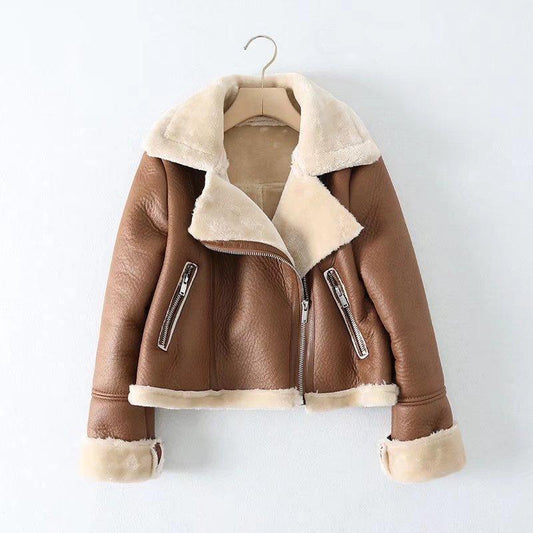 Faux Leather Lapel Fur Short Jacket - Glooosy Store