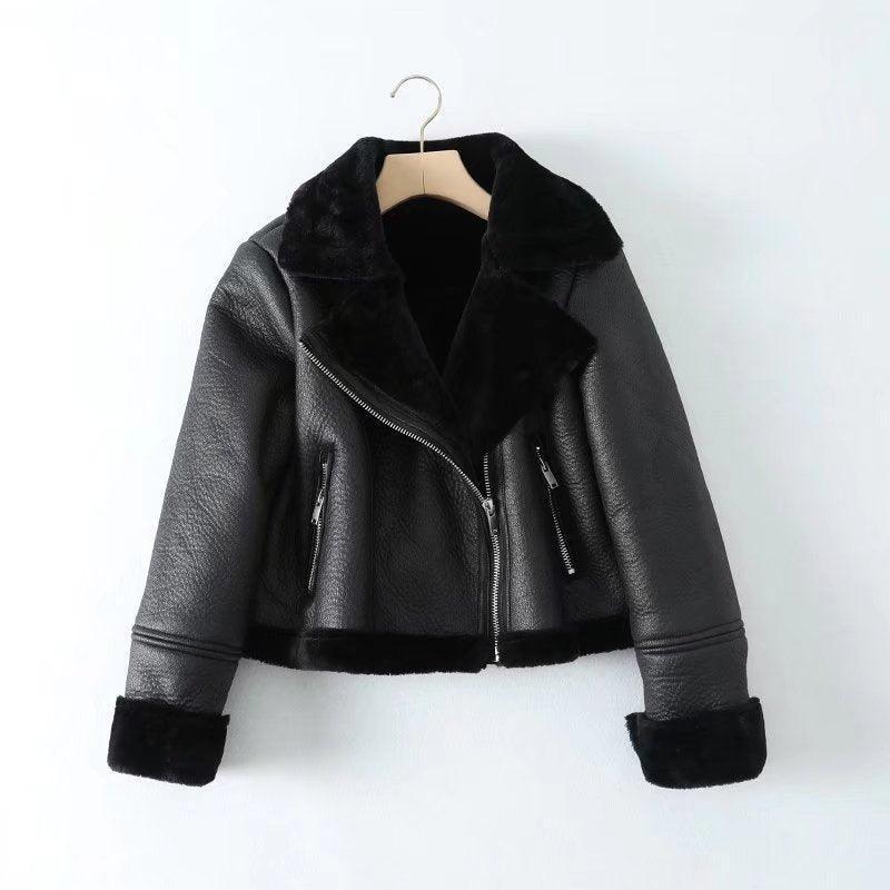 Faux Leather Lapel Fur Short Jacket - Glooosy Store