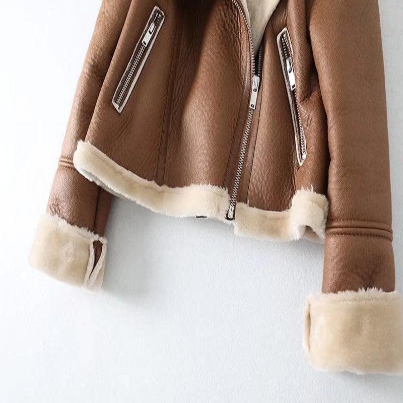 omen's faux leather jacket with faux fur lapel