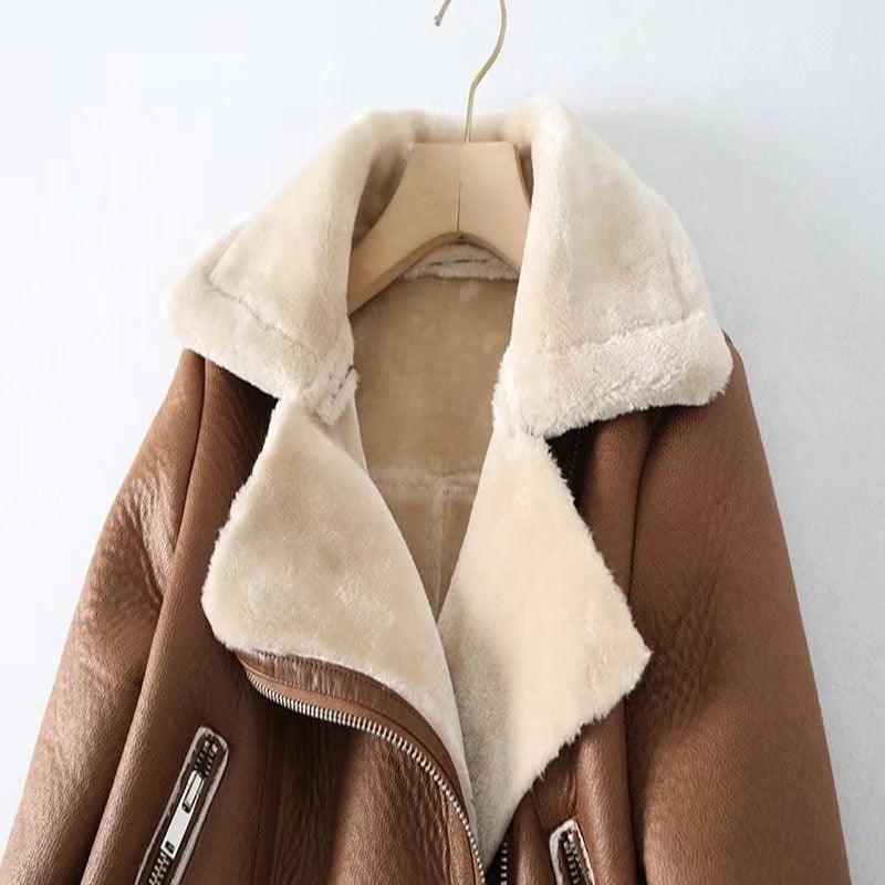 omen's faux leather jacket with faux fur lapel