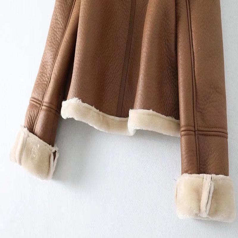 omen's faux leather jacket with faux fur lapel
