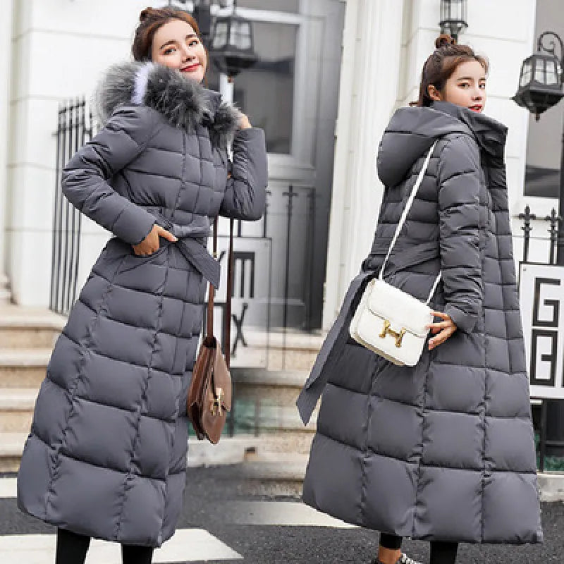 Women Winter Long Jacket Fur Collar Down Padded