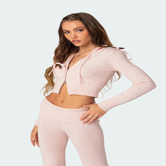 Knitted Hooded Suit Long Sleeve Cropped Top And Slim Flared Trousers - Glooosy Store