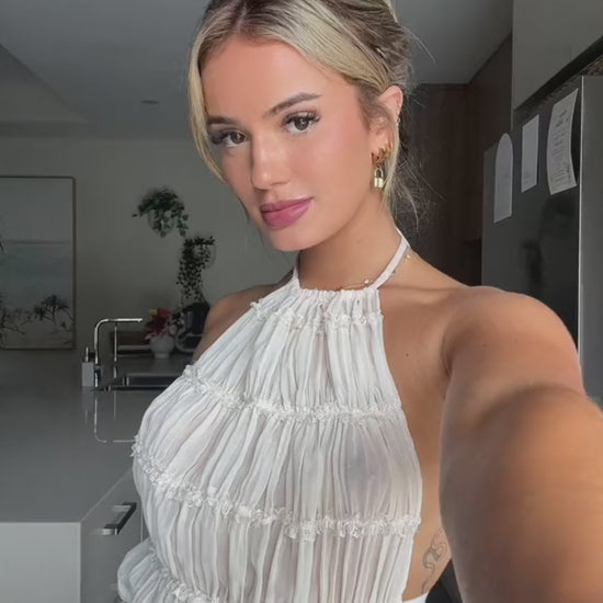 2pcs Women Sleeveless Backless Halter Top And Pleated Long Skirt Beach Outfit from Glooosy Store