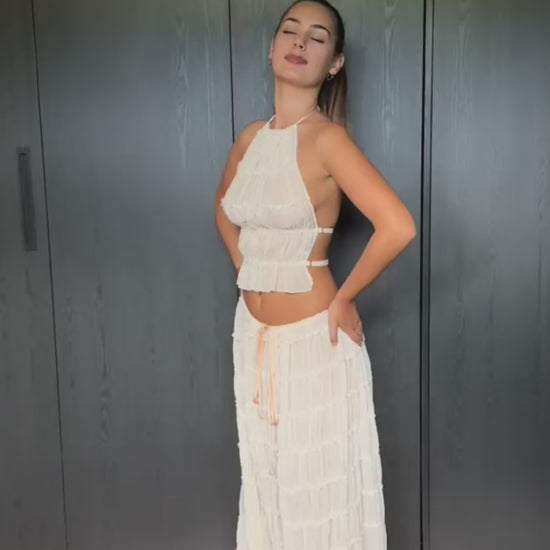 2pcs Women Sleeveless Backless Halter Top And Pleated Long Skirt Beach Outfit from Glooosy Store