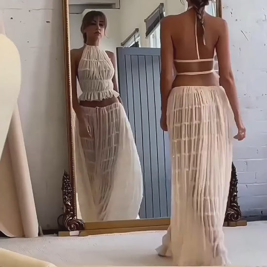 2pcs Women Sleeveless Backless Halter Top And Pleated Long Skirt Beach Outfit from Glooosy Store