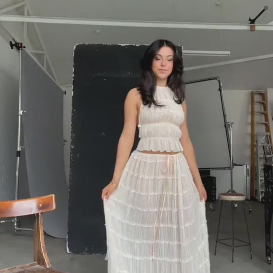 2pcs Women Sleeveless Backless Halter Top And Pleated Long Skirt Beach Outfit from Glooosy Store