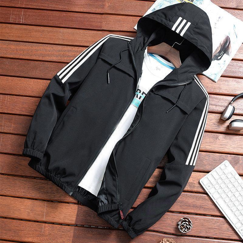 Men's three-stripe hooded windbreaker jacket