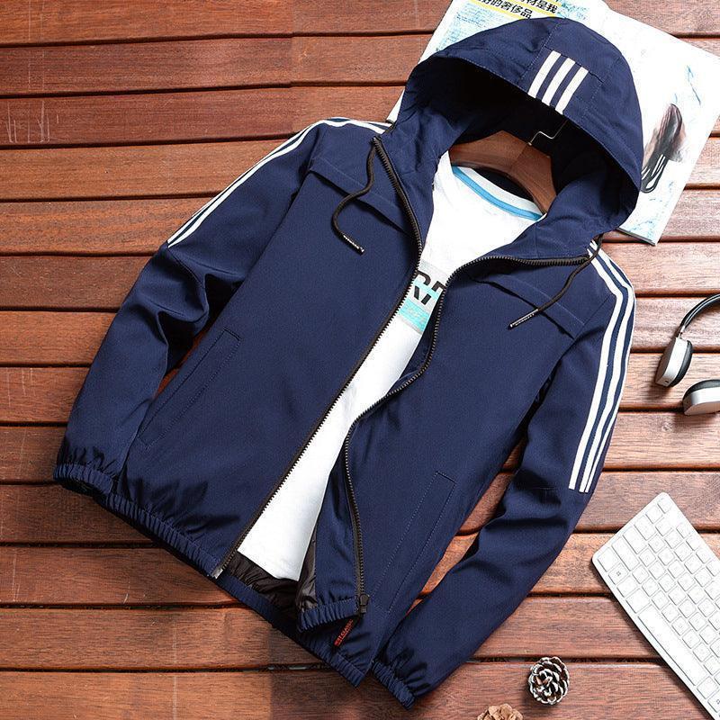 Men's three-stripe hooded windbreaker jacket