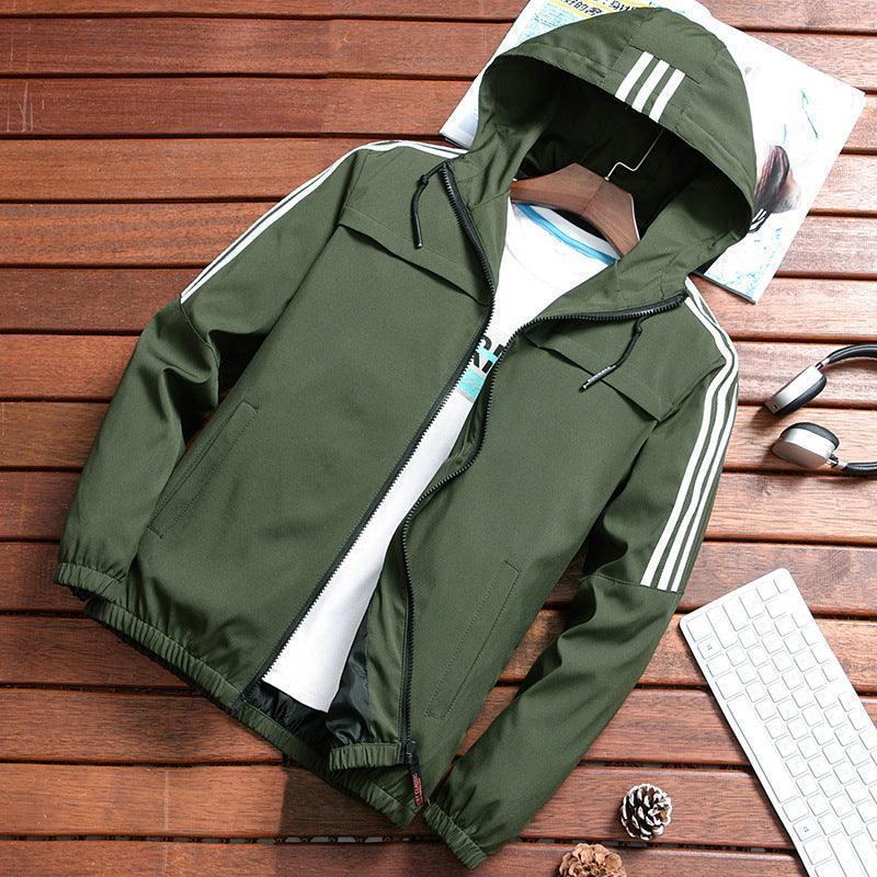 Men's three-stripe hooded windbreaker jacket