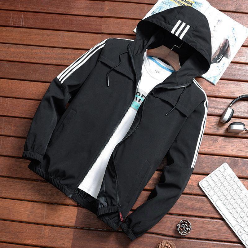 Men's three-stripe hooded windbreaker jacket