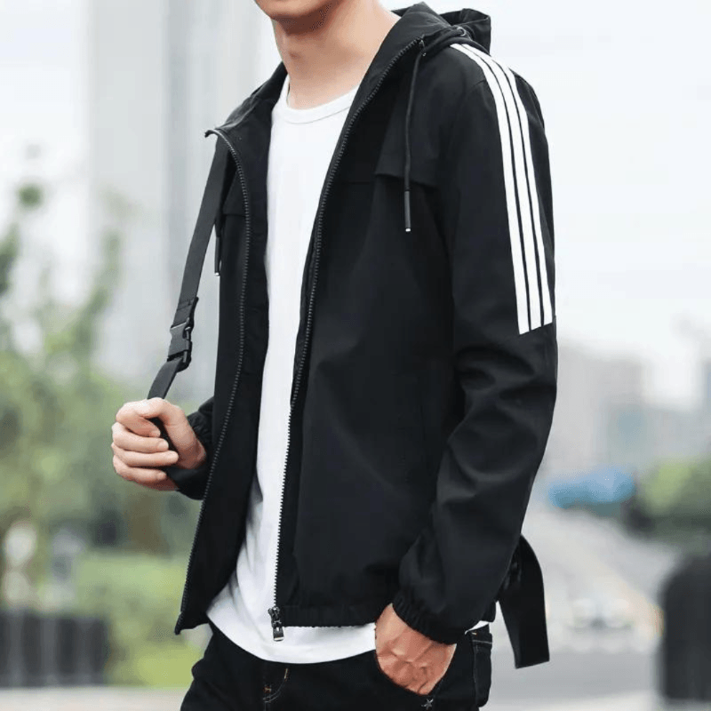 Men's three-stripe hooded windbreaker jacket