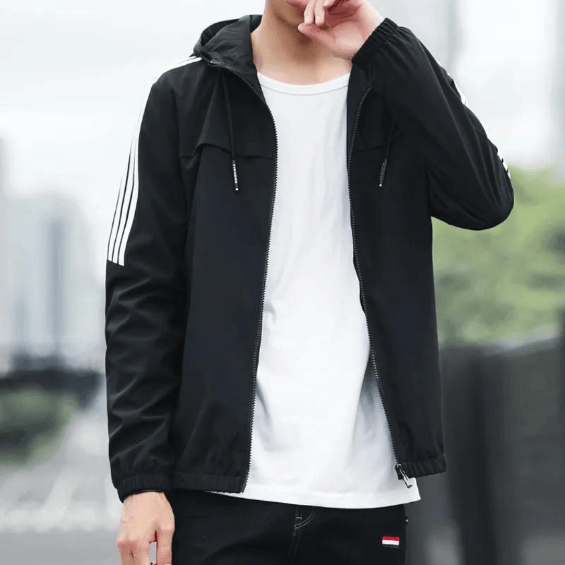 Men's three-stripe hooded windbreaker jacket